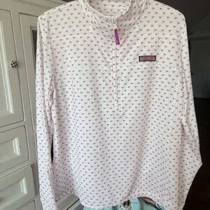 NWOT Vineyard Vines Women's Performance Shep Shirt White with Pink Flags LARGE